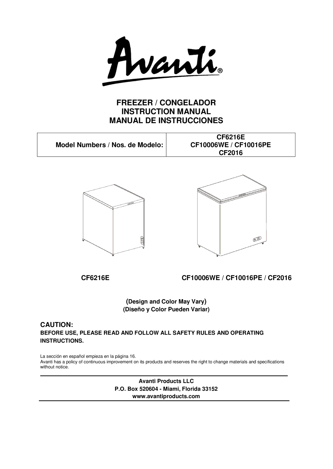 Avanti CF10016PE, CF6216E, CF2016, CF10006WE instruction manual Freezer / Congelador Manual DE Instrucciones 