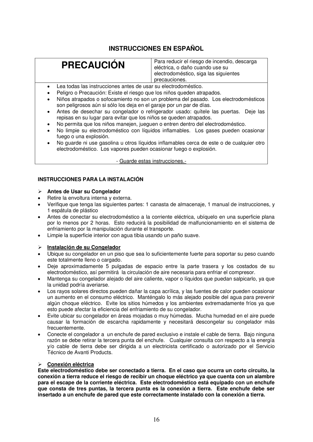 Avanti CF6216E, CF10016PE Instrucciones EN Español, Instrucciones Para LA Instalación,  Antes de Usar su Congelador 