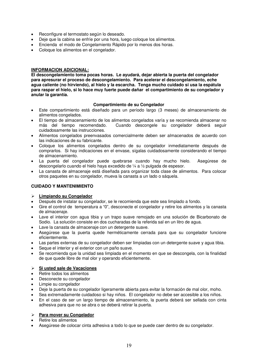 Avanti CF10006WE Informacion Adicional, Cuidado Y Mantenimiento,  Limpiando su Congelador,  Si usted sale de Vacaciones 