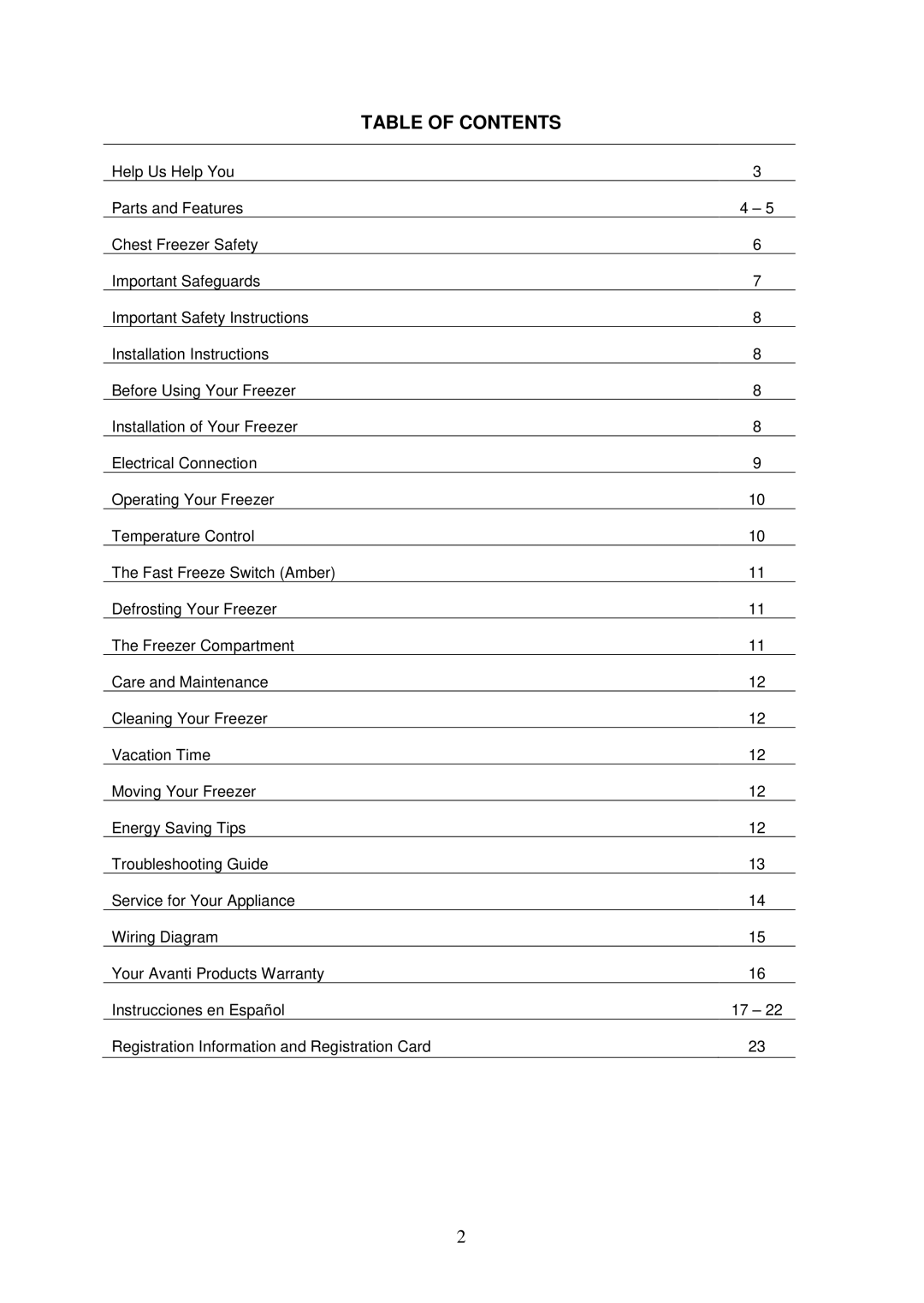 Avanti CF2016, CF6216E, CF10016PE, CF10006WE instruction manual Table of Contents 