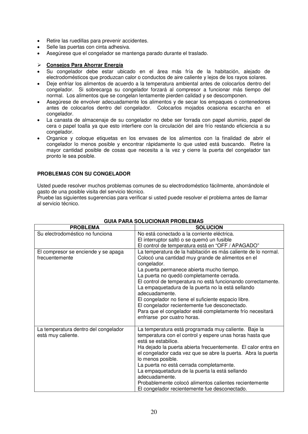 Avanti CF6216E, CF10016PE  Consejos Para Ahorrar Energía, Problemas CON SU Congelador, Guia Para Solucionar Problemas 