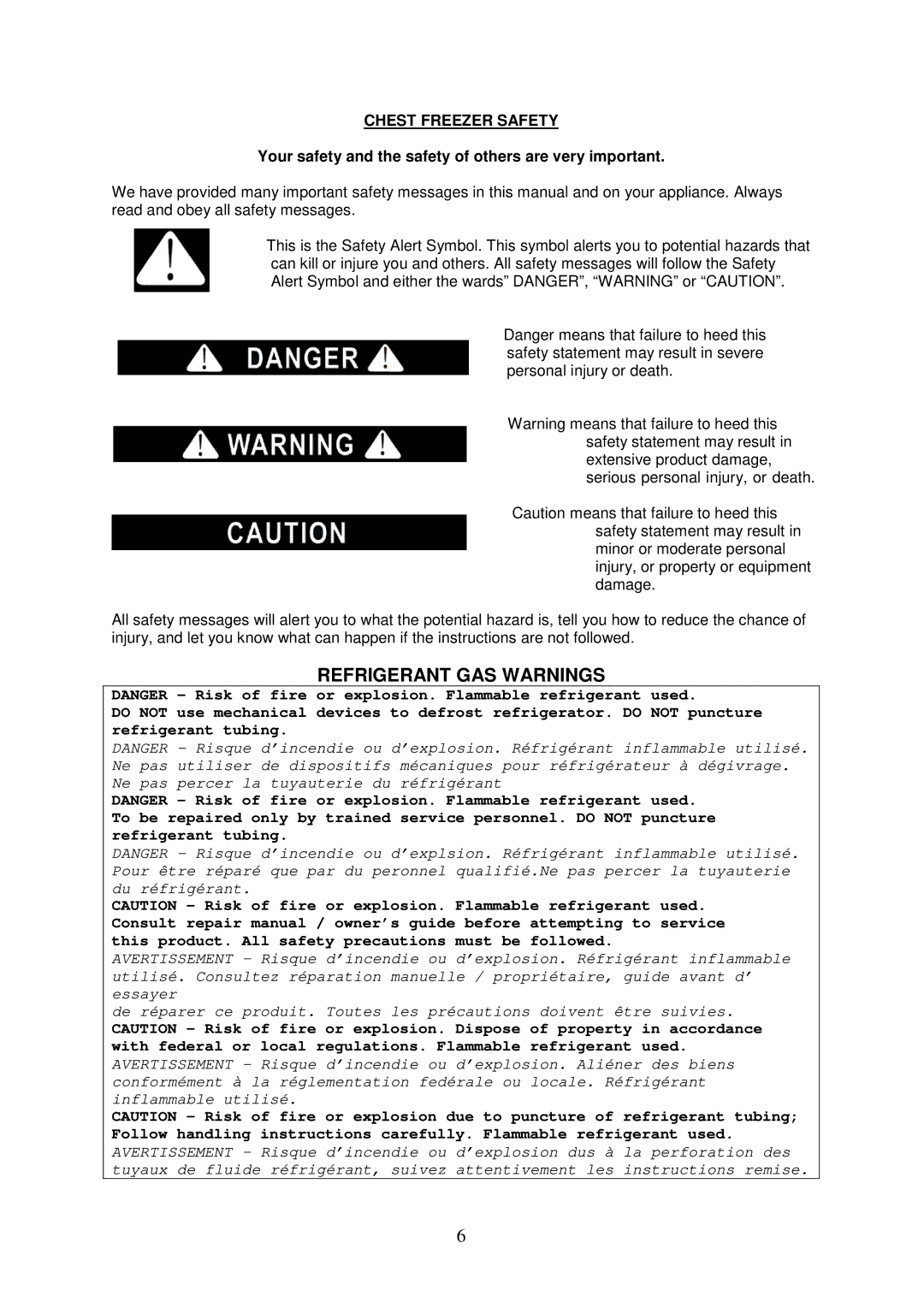 Avanti CF2016 Refrigerant GAS Warnings, Chest Freezer Safety, Your safety and the safety of others are very important 