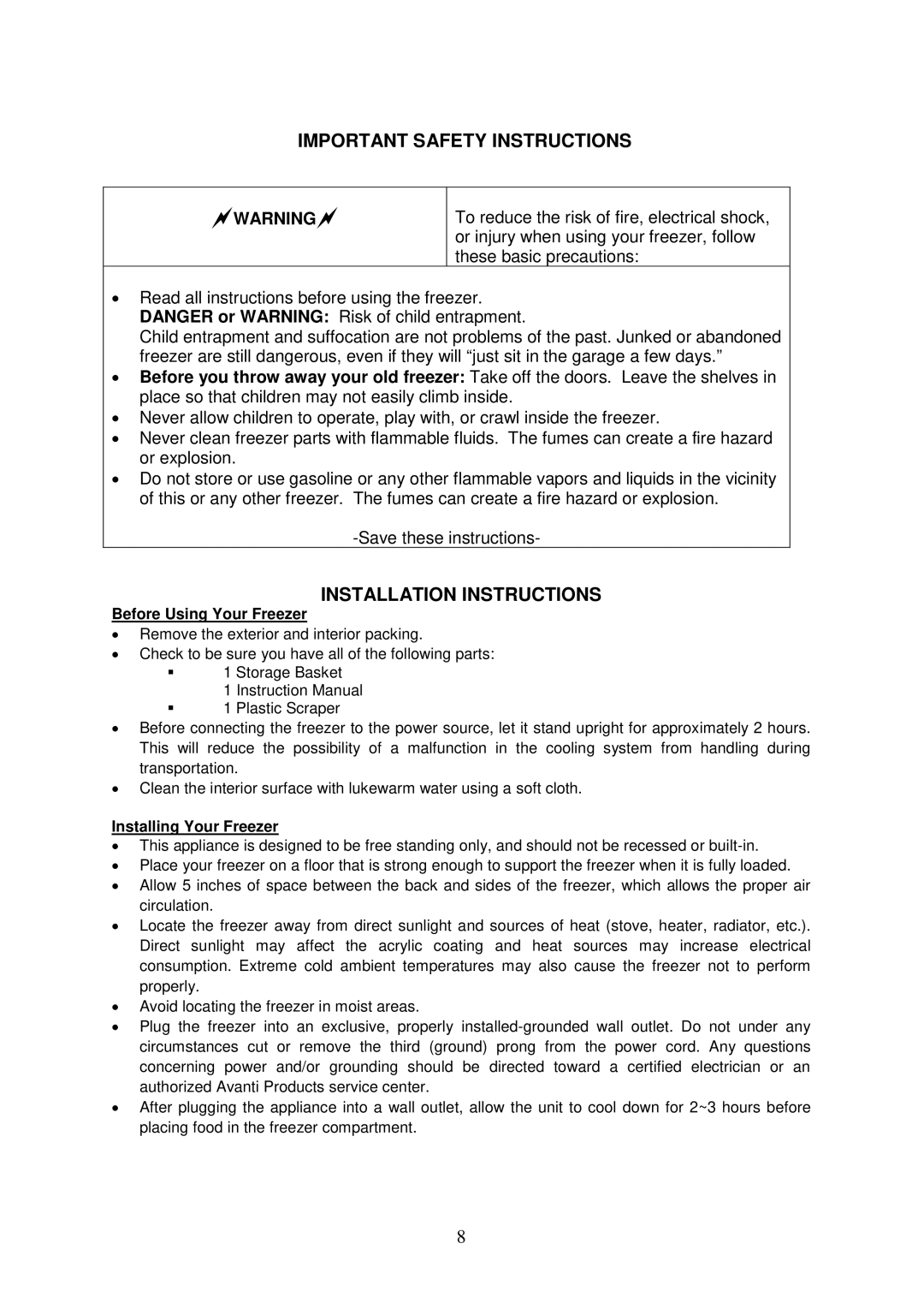 Avanti CF6216E, CF10016PE, CF2016 Important Safety Instructions, Installation Instructions, Before Using Your Freezer 