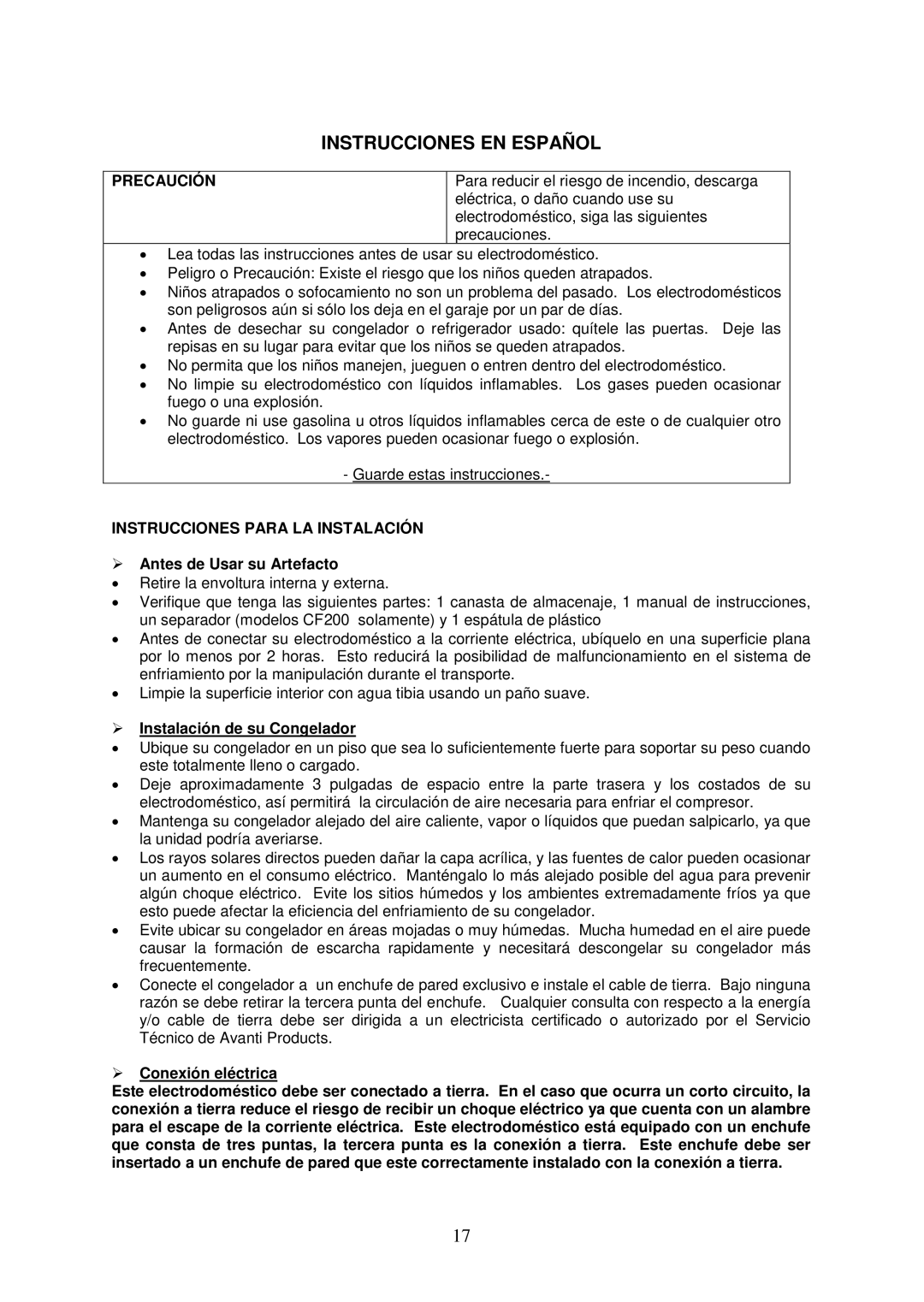 Avanti CF2016, CF626 Instrucciones EN Español, Precaución, Instrucciones Para LA Instalación,  Antes de Usar su Artefacto 