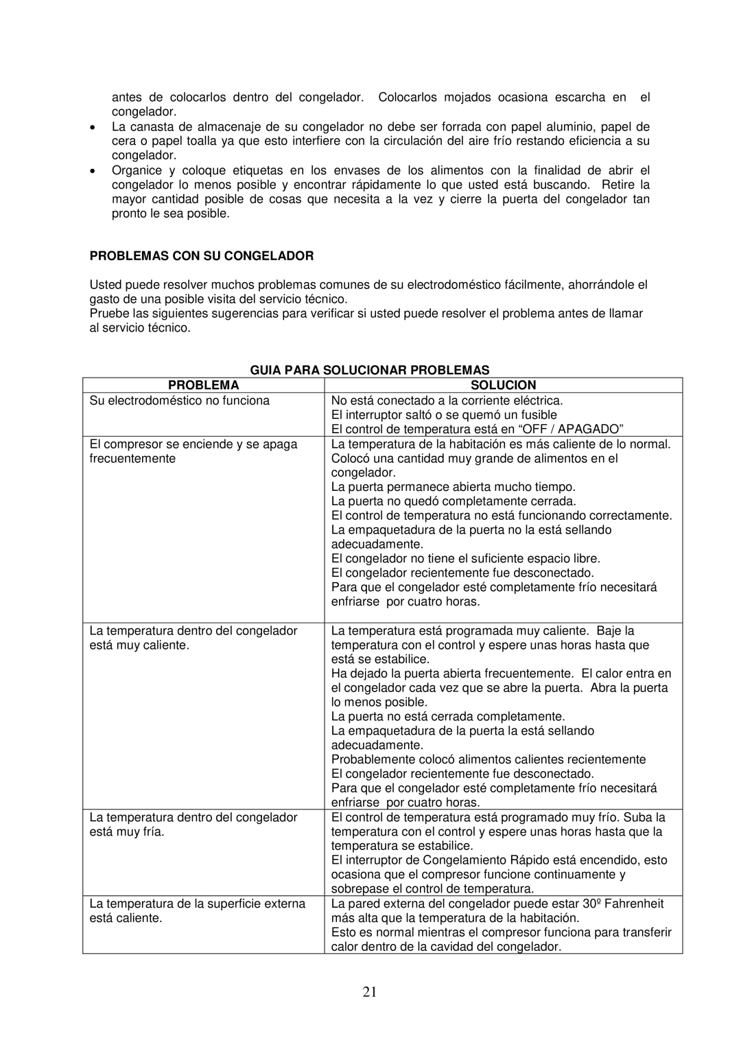 Avanti CF2016, CF626 instruction manual Problemas CON SU Congelador, Guia Para Solucionar Problemas 