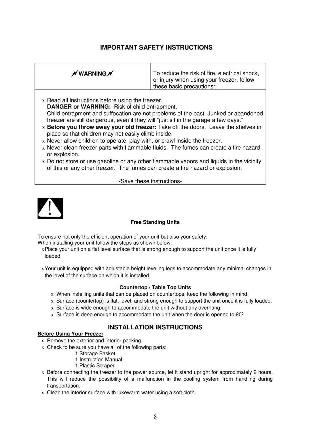 Avanti CF626 Important Safety Instructions, Installation Instructions, Free Standing Units, Countertop / Table Top Units 