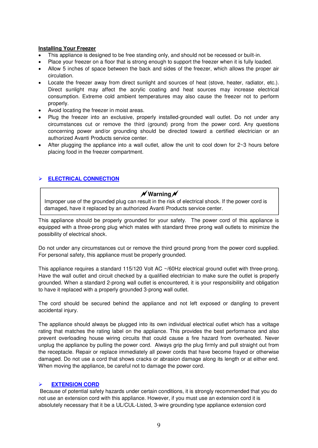 Avanti CF2016, CF626 instruction manual Warning, Installing Your Freezer 