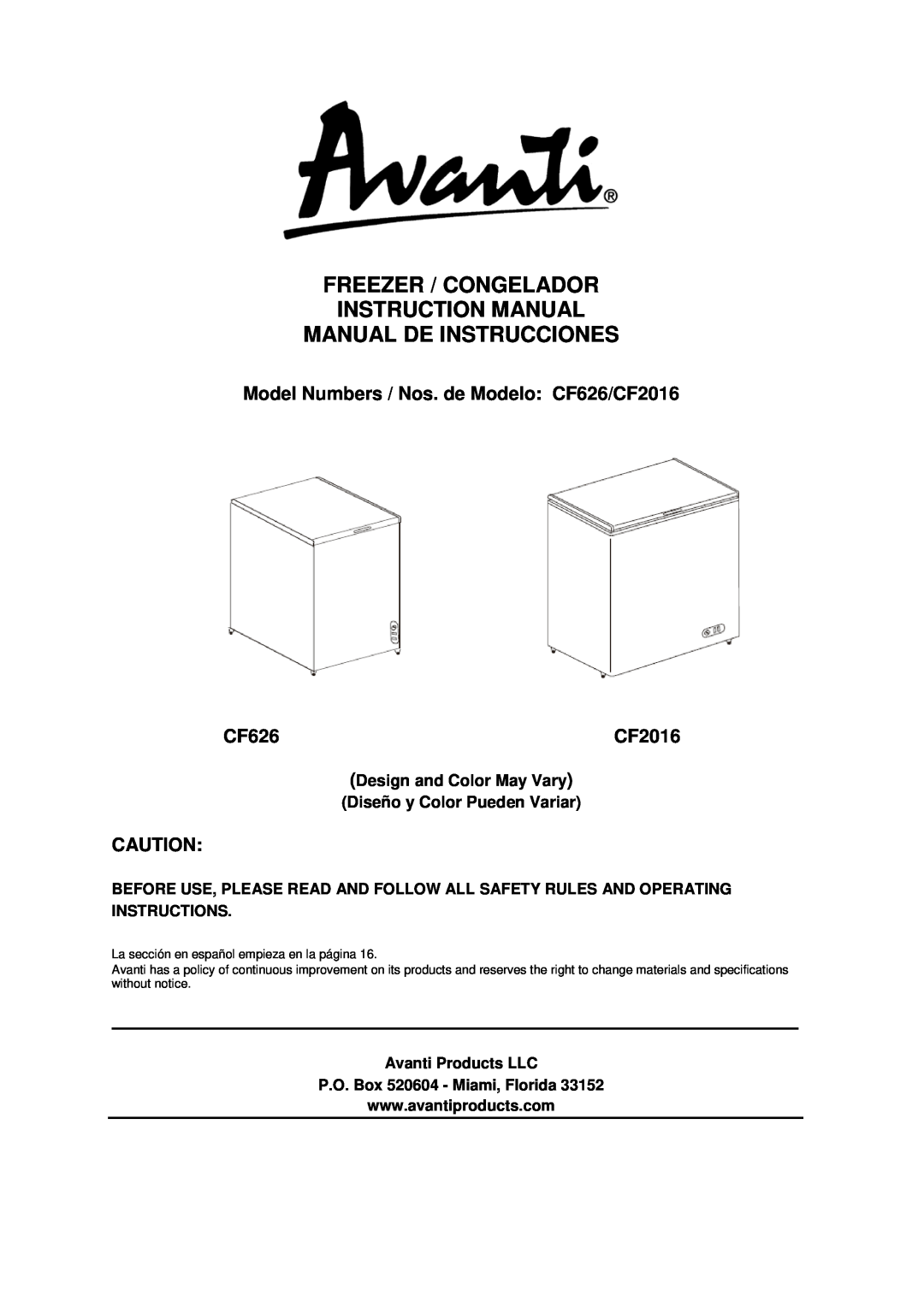 Avanti CF10016PE instruction manual Manual De Instrucciones, Model Numbers / Nos. de Modelo, CF6216E, Avanti Products LLC 