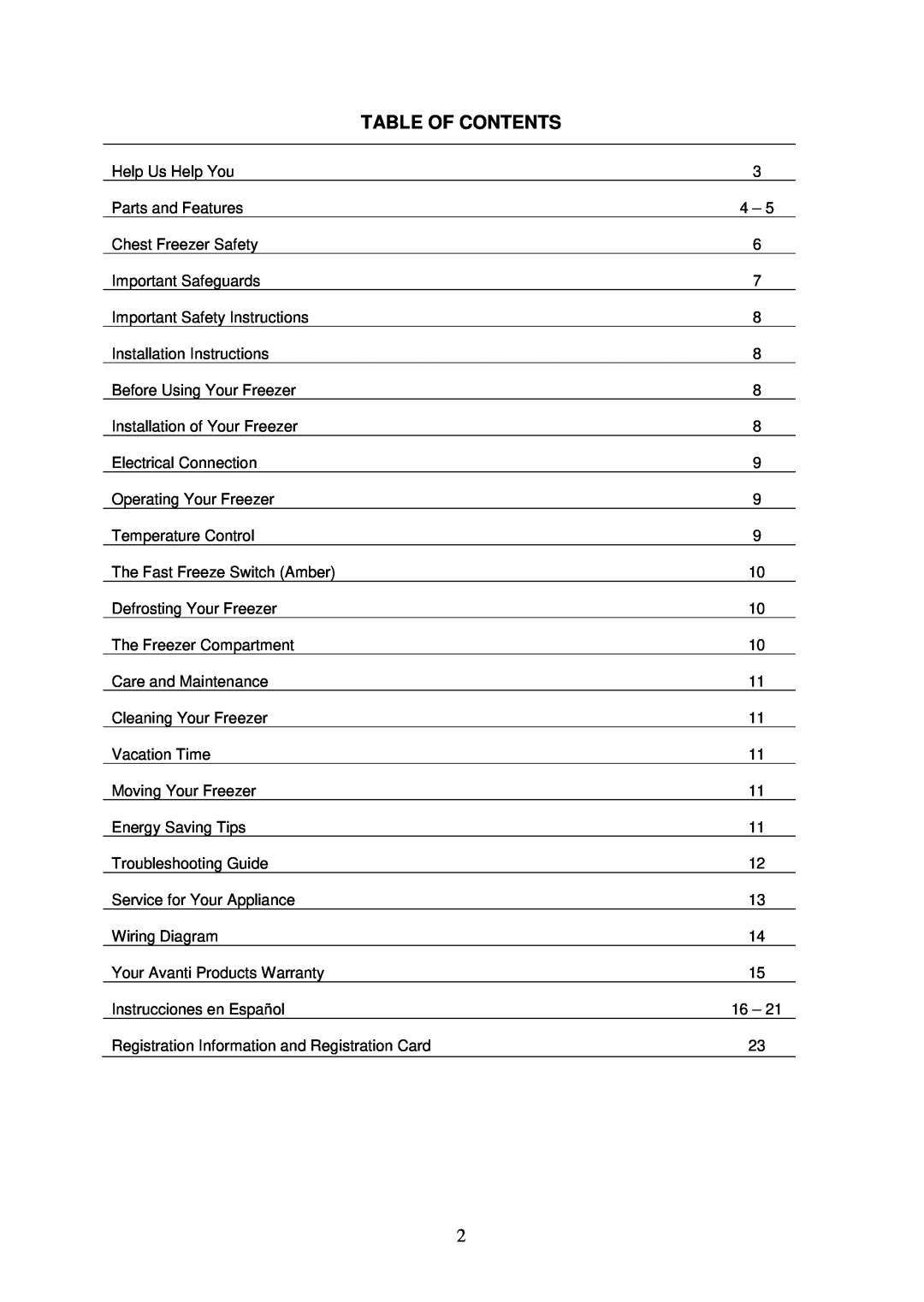 Avanti CF626, CF2016 instruction manual Table Of Contents 