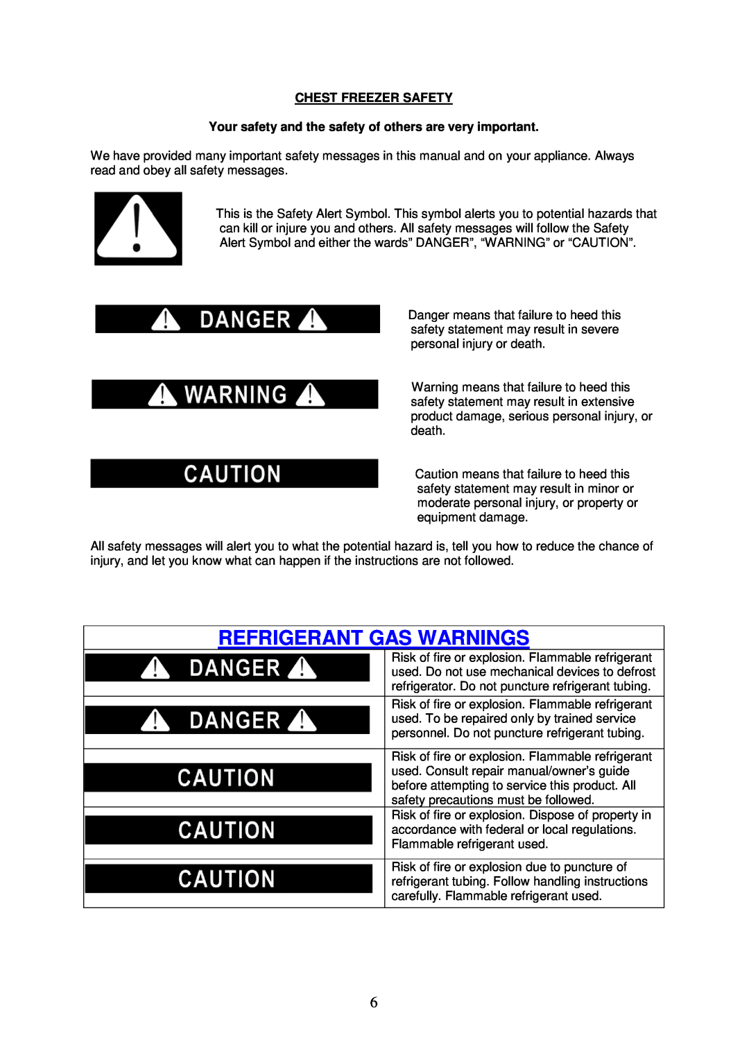 Avanti CF626, CF2016 instruction manual Refrigerant Gas Warnings, Chest Freezer Safety 