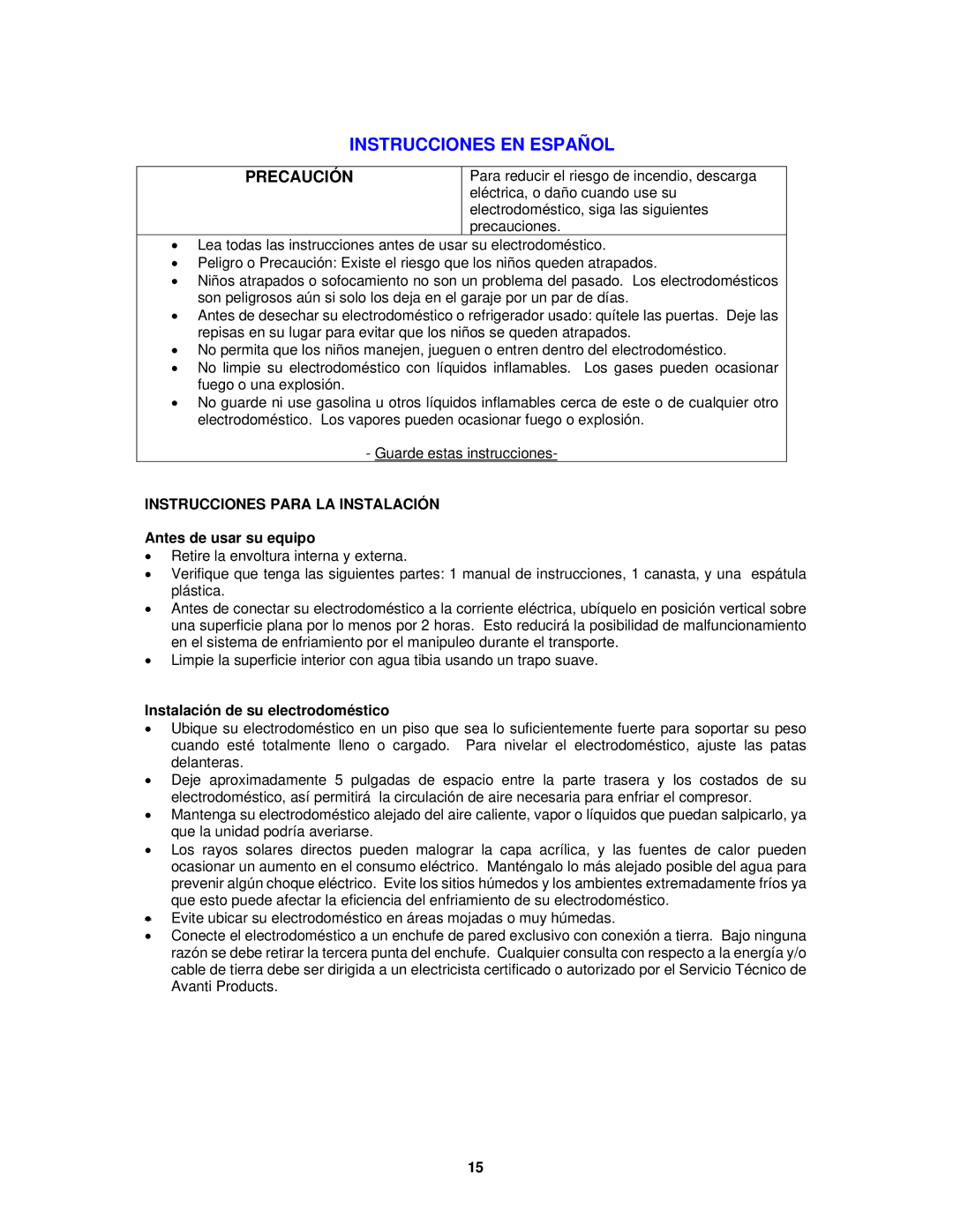 Avanti CF65, CF101PS, CF1510, CF1010 Instrucciones EN Español, Instrucciones Para LA Instalación, Antes de usar su equipo 