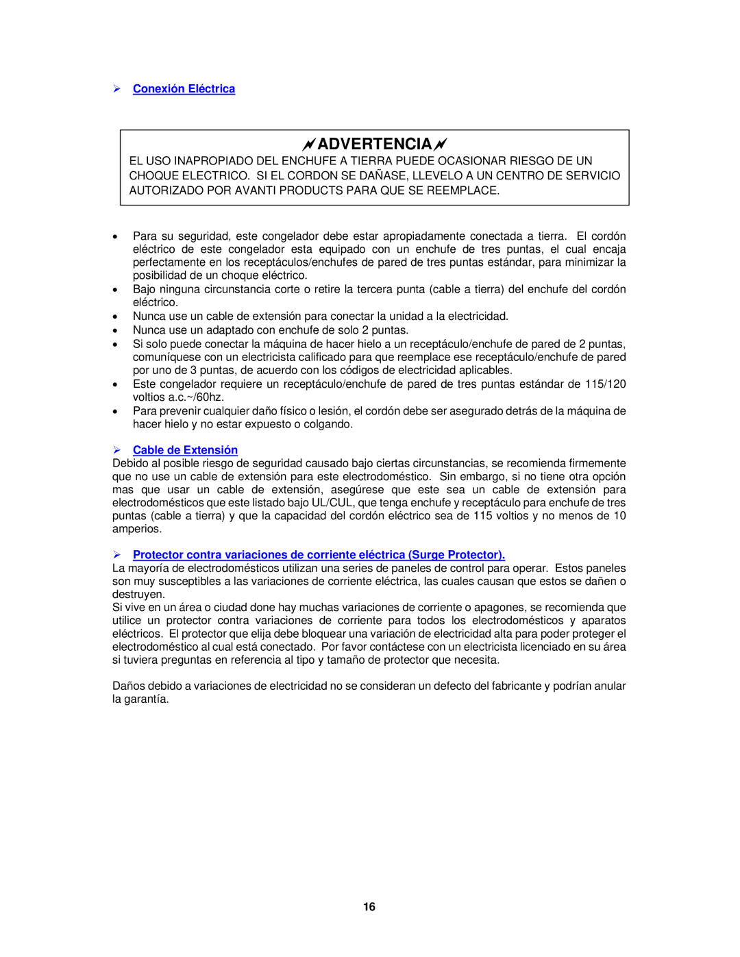 Avanti CF101PS, CF65, CF1510, CF1010, CF2010 instruction manual  Conexión Eléctrica,  Cable de Extensión 