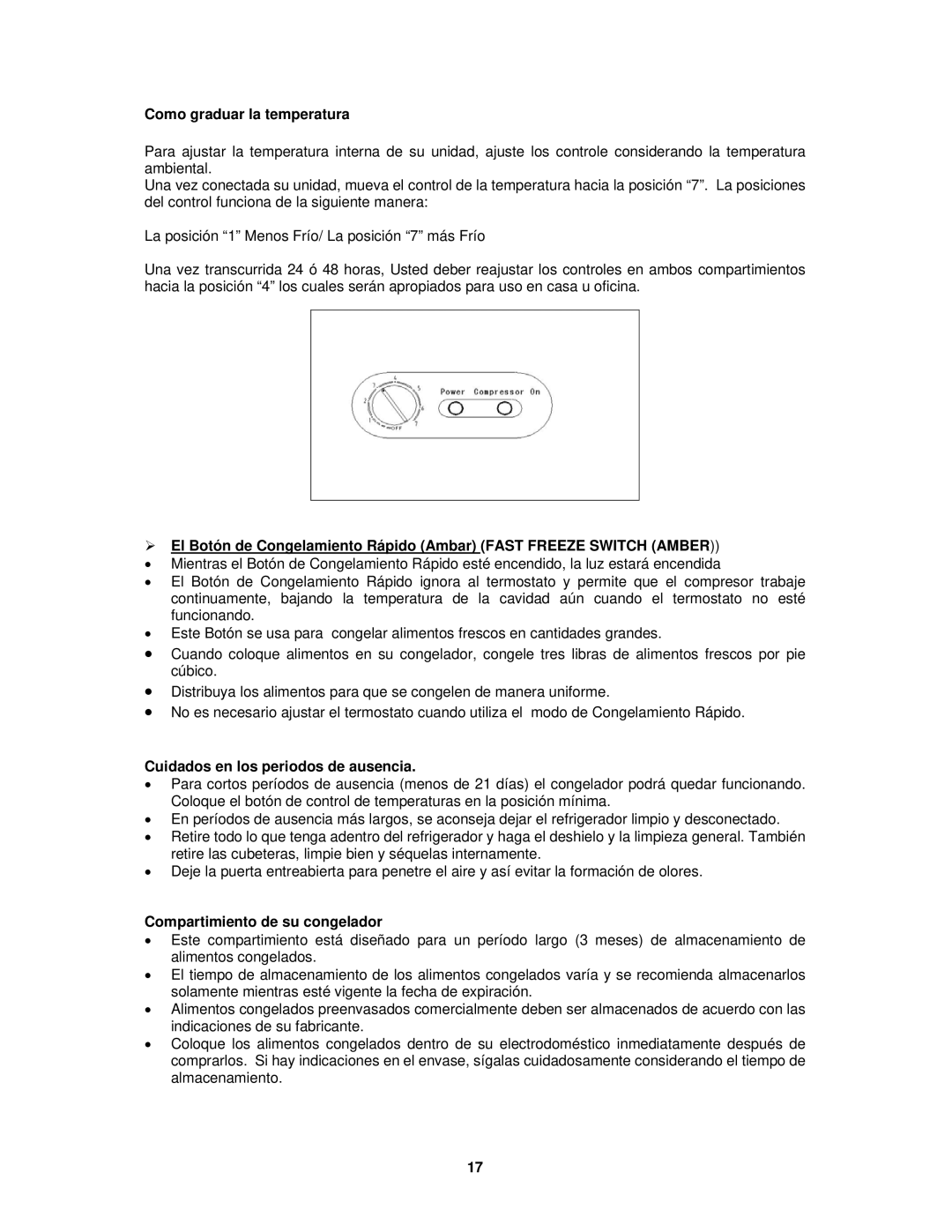 Avanti CF1510, CF65 Como graduar la temperatura, Cuidados en los periodos de ausencia, Compartimiento de su congelador 