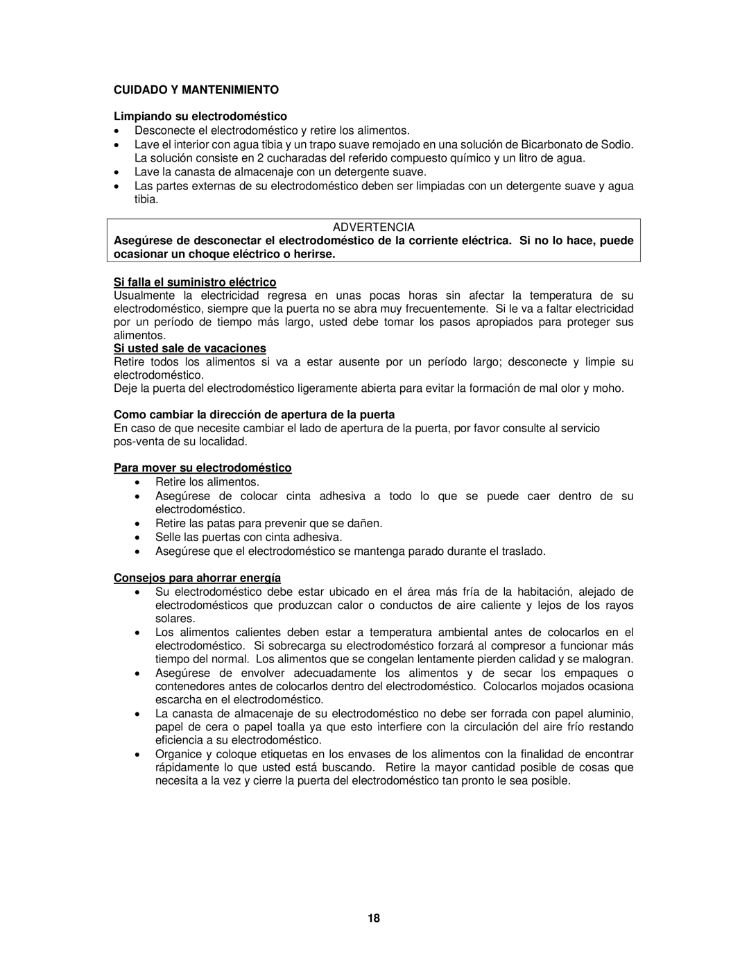 Avanti CF1010, CF65, CF101PS, CF1510, CF2010 instruction manual Cuidado Y Mantenimiento 