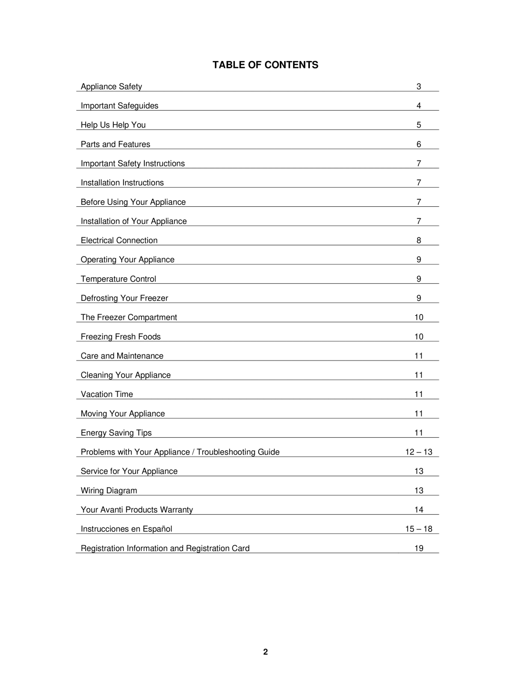 Avanti CF1510, CF65, CF101PS, CF1010, CF2010 instruction manual Table of Contents 