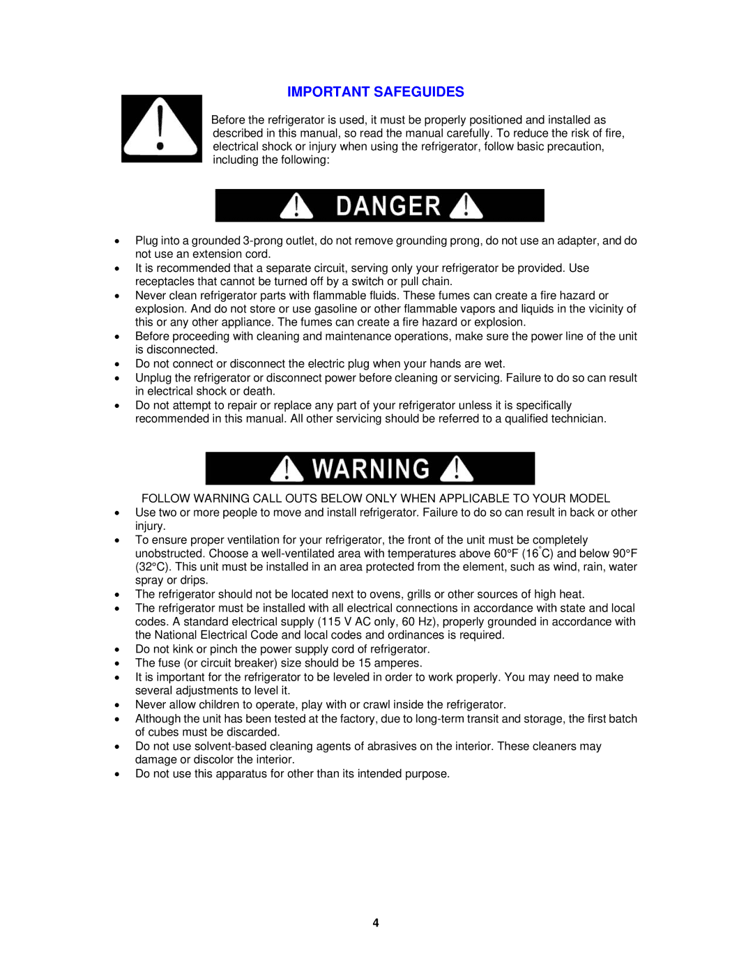 Avanti CF2010, CF65, CF101PS, CF1510, CF1010 instruction manual Important Safeguides 