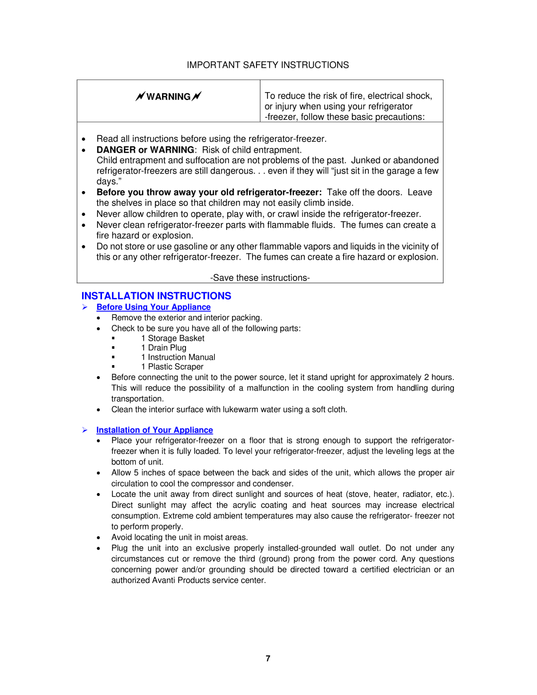 Avanti CF1510, CF65, CF101PS Installation Instructions,  Before Using Your Appliance,  Installation of Your Appliance 