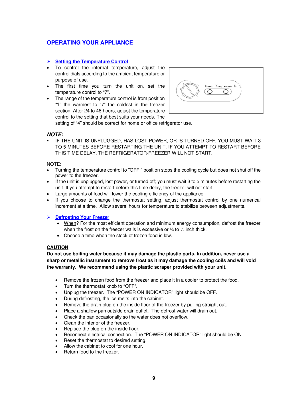 Avanti CF2010, CF65, CF101PS, CF1510 Operating Your Appliance,  Setting the Temperature Control,  Defrosting Your Freezer 