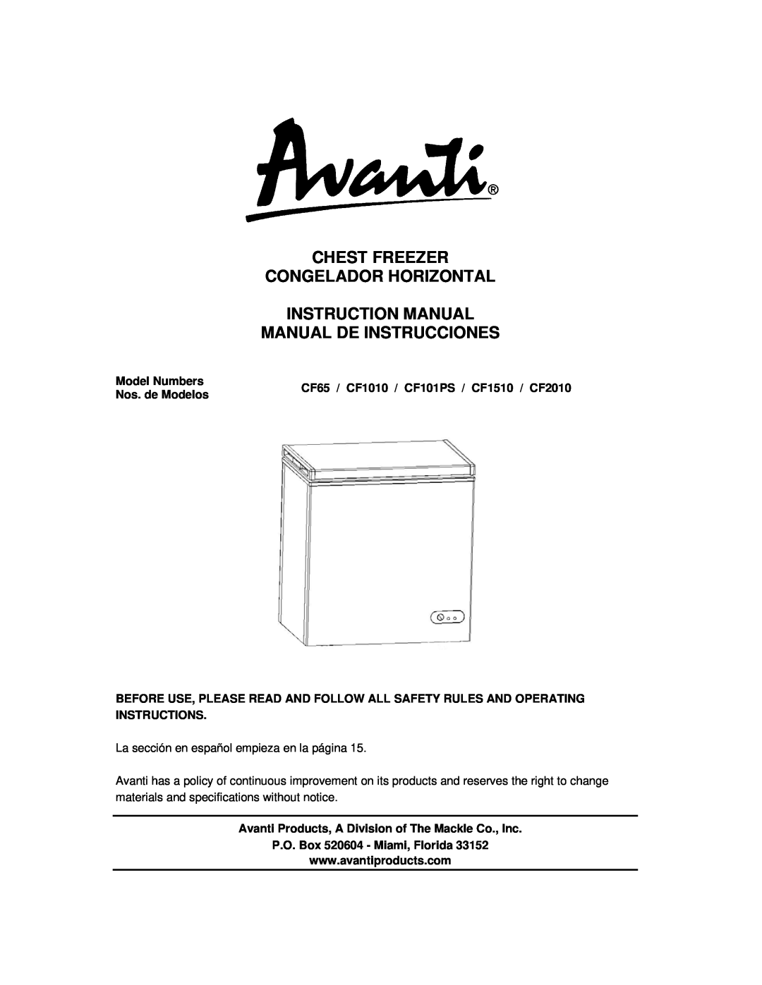 Avanti CF101PS, CF65, CF1510, CF1010 instruction manual Chest Freezer Congelador Horizontal, Model Numbers, Nos. de Modelos 