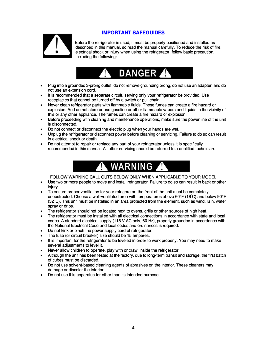Avanti CF2010, CF65, CF101PS, CF1510, CF1010 instruction manual Important Safeguides 