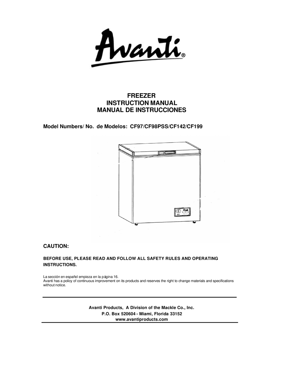 Avanti CF98PSS instruction manual Freezer Manual DE Instrucciones 