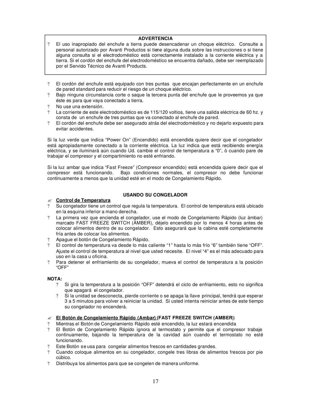 Avanti CF98PSS instruction manual Advertencia, Usando SU Congelador, ? Control de Temperatura, Nota 