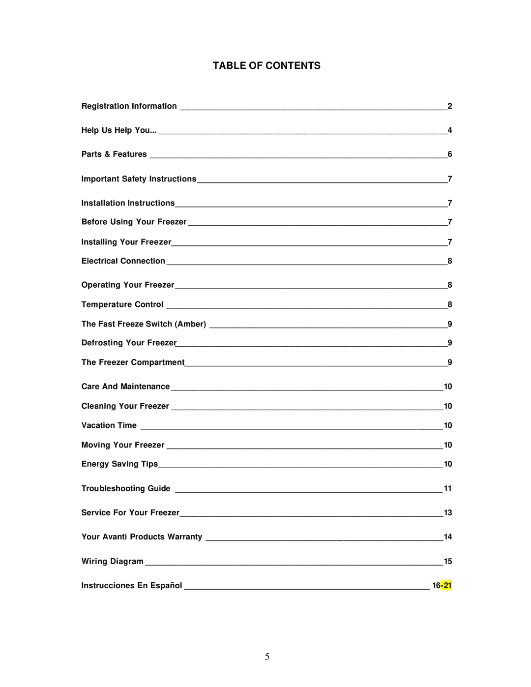 Avanti CF98PSS instruction manual Table of Contents 