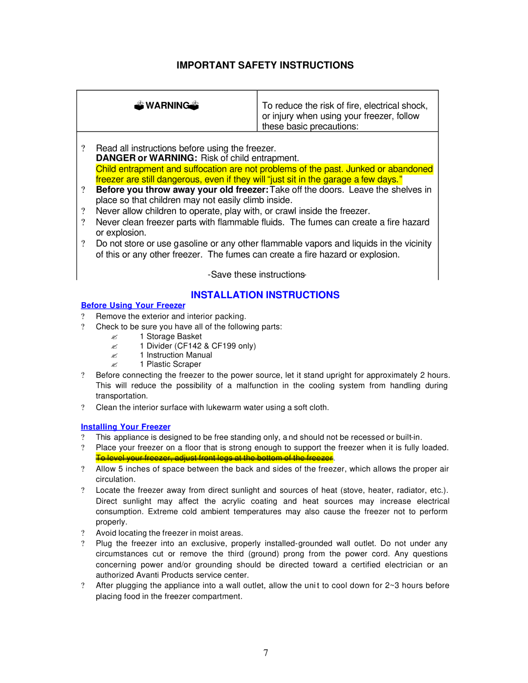 Avanti CF98PSS instruction manual Important Safety Instructions, Installation Instructions, Before Using Your Freezer 