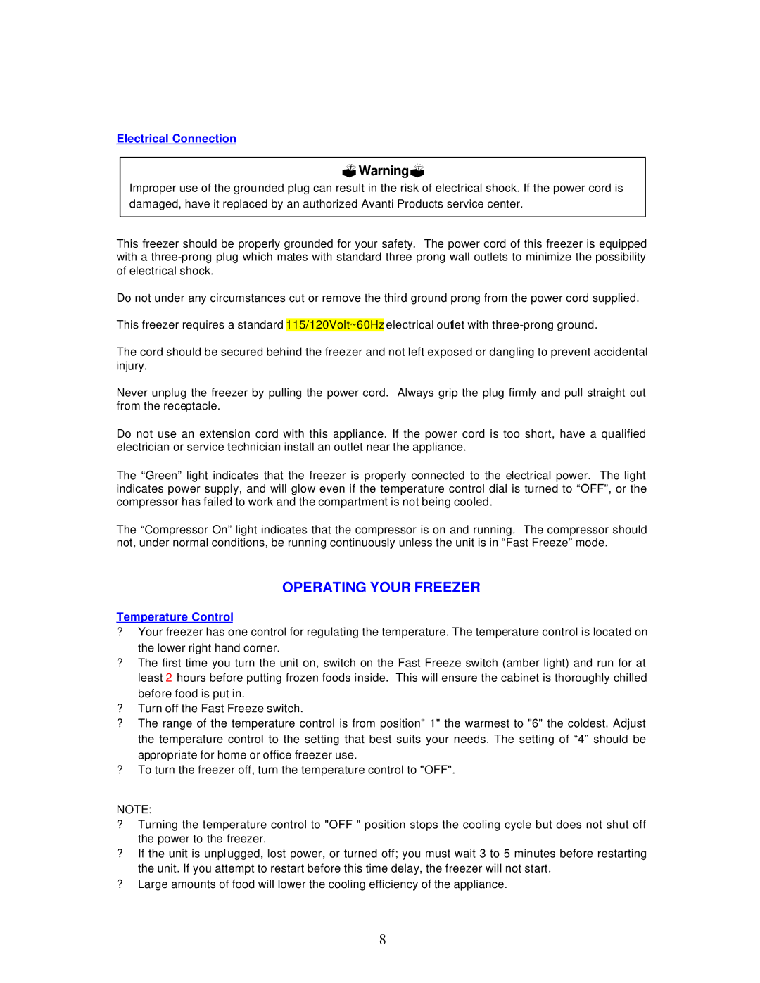 Avanti CF98PSS instruction manual Operating Your Freezer, Electrical Connection, Temperature Control 