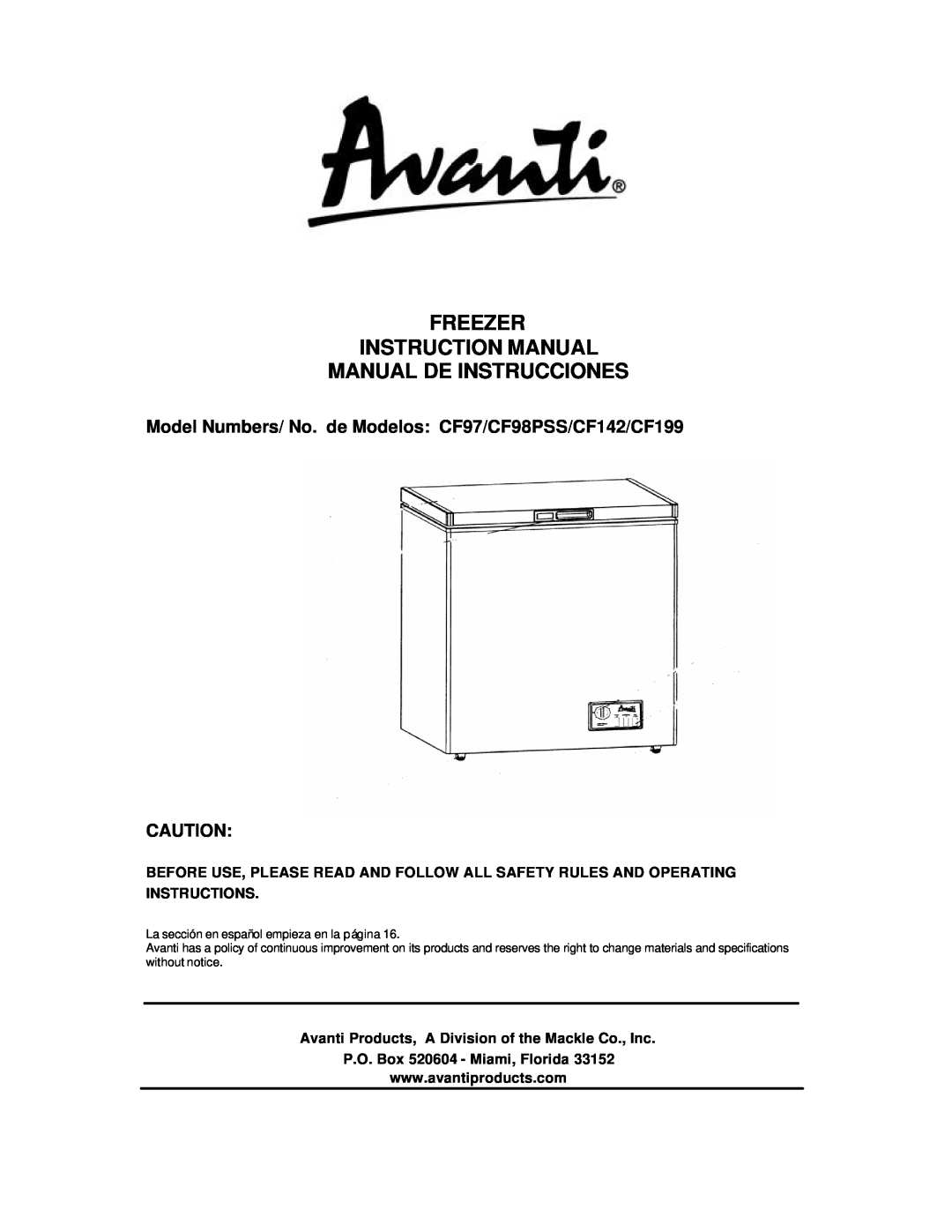 Avanti CF98PSS instruction manual Manual De Instrucciones, P.O. Box 520604 - Miami, Florida 
