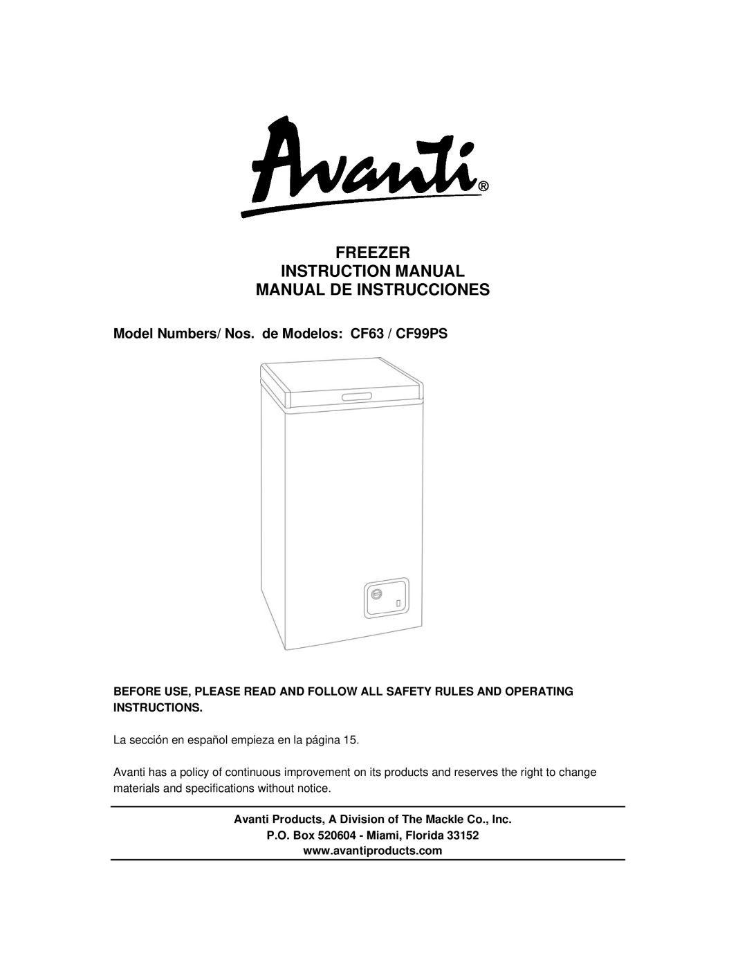 Avanti CF63, CF99PS instruction manual Freezer Manual DE Instrucciones 