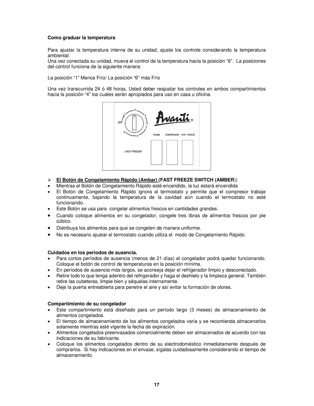 Avanti CF63, CF99PS Como graduar la temperatura, Cuidados en los periodos de ausencia, Compartimiento de su congelador 