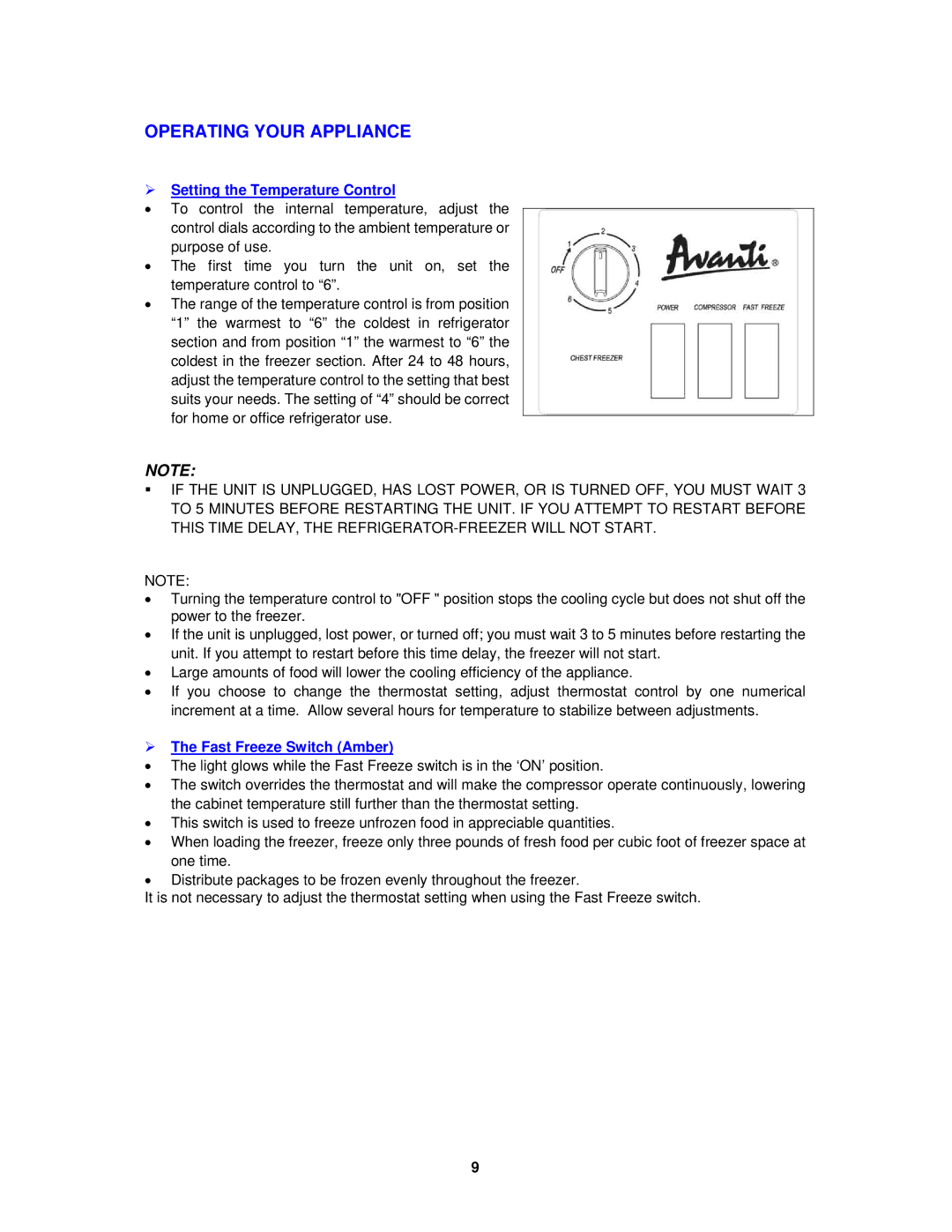 Avanti CF63, CF99PS Operating Your Appliance,  Setting the Temperature Control,  The Fast Freeze Switch Amber 