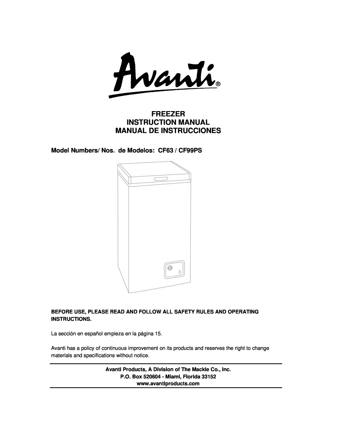Avanti instruction manual Manual De Instrucciones, Model Numbers/ Nos. de Modelos CF63 / CF99PS 