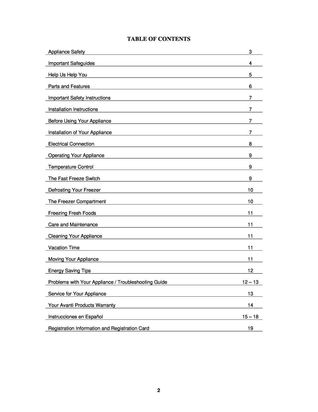 Avanti CF99PS, CF63 instruction manual Table Of Contents 