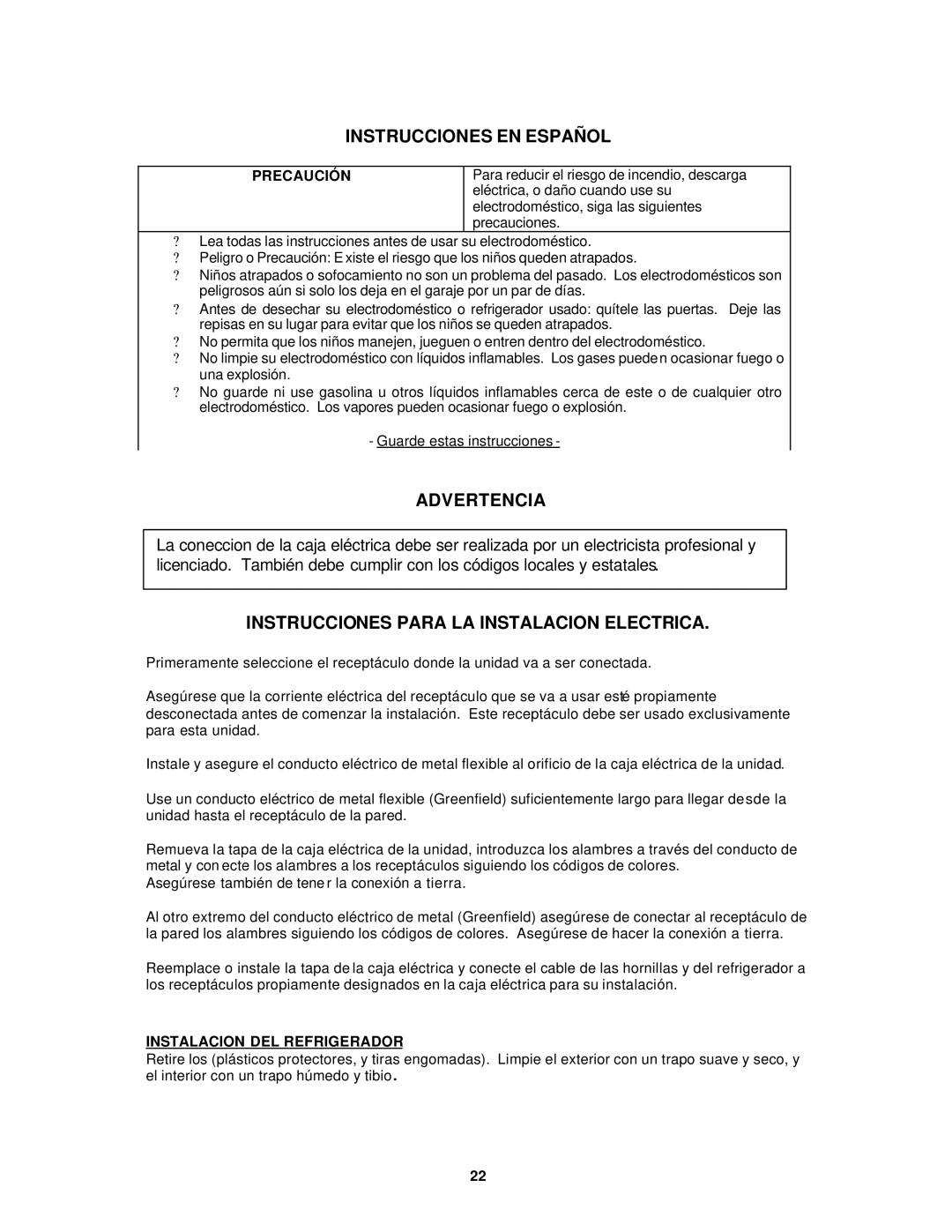 Avanti CK30-1, CK30-B Instrucciones EN Español, Advertencia, Instrucciones Para LA Instalacion Electrica, Precaución 