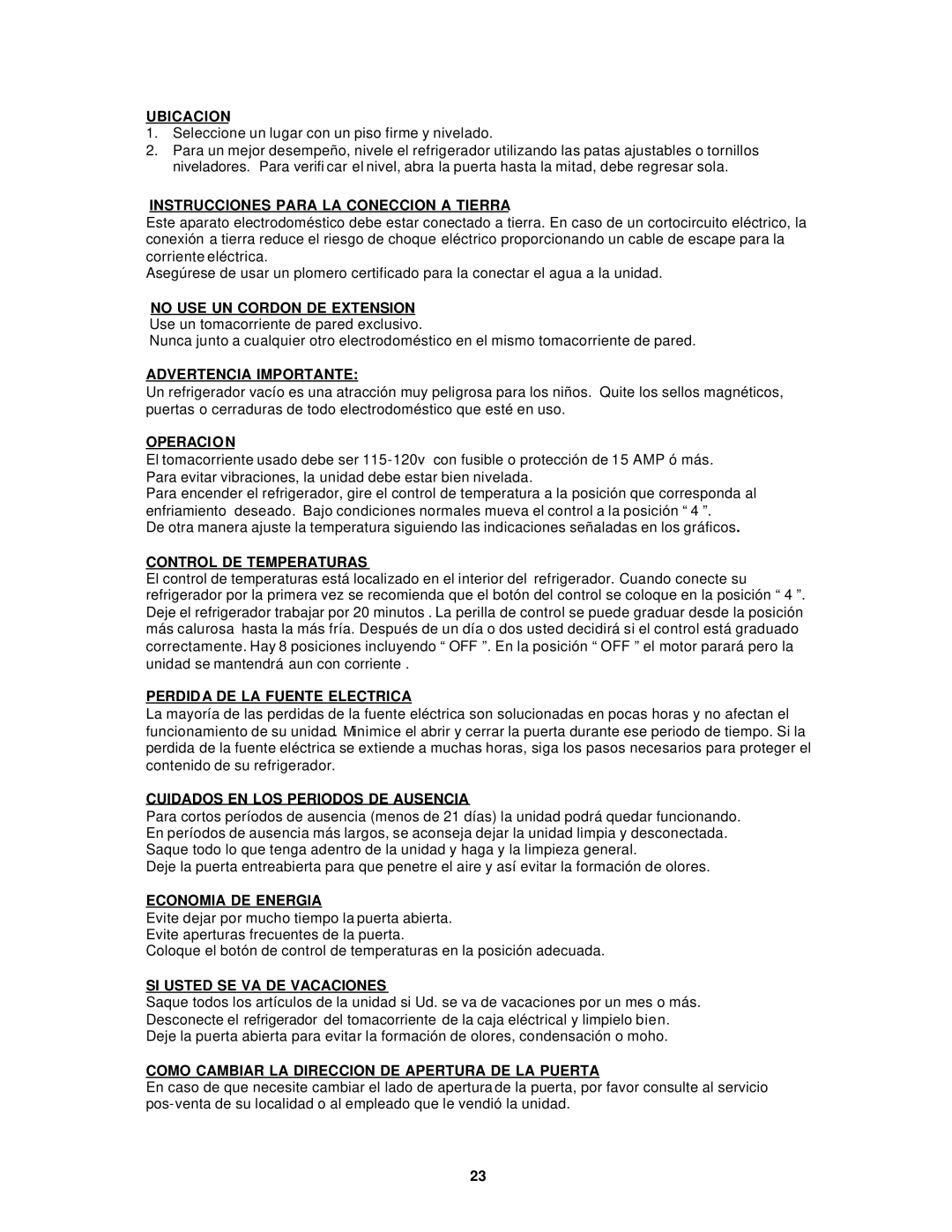 Avanti CK30-B Ubicacion, Instrucciones Para LA Coneccion a Tierra, Advertencia Importante, Operacion, Economia DE Energia 