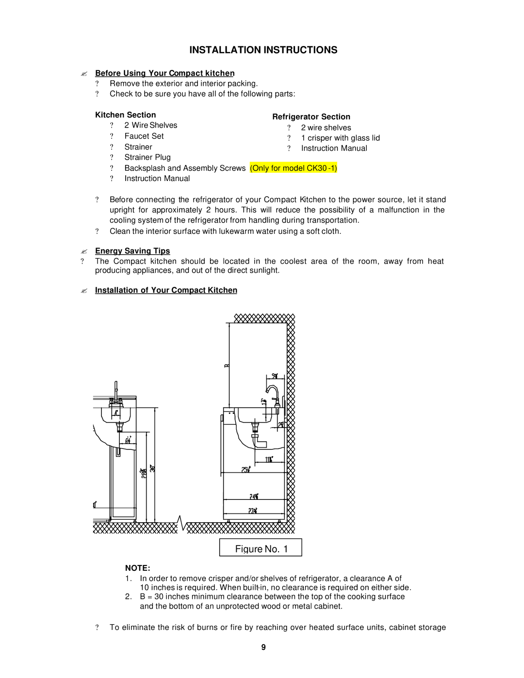 Avanti CK30-B, CK30-1 Installation Instructions, ? Before Using Your Compact kitchen, Kitchen Section Refrigerator Section 