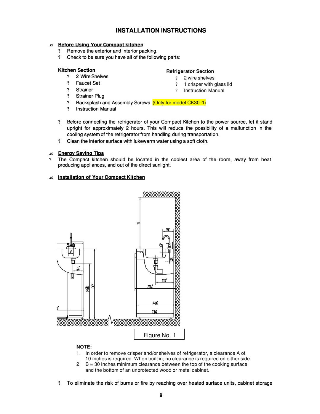 Avanti CK30-B, CK30-1 Installation Instructions, Figure No, ?Before Using Your Compact kitchen, Kitchen Section 