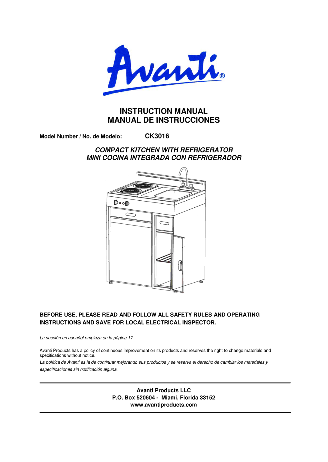 Avanti CK3016 instruction manual Model Number / No. de Modelo, Avanti Products LLC Box 520604 Miami, Florida 