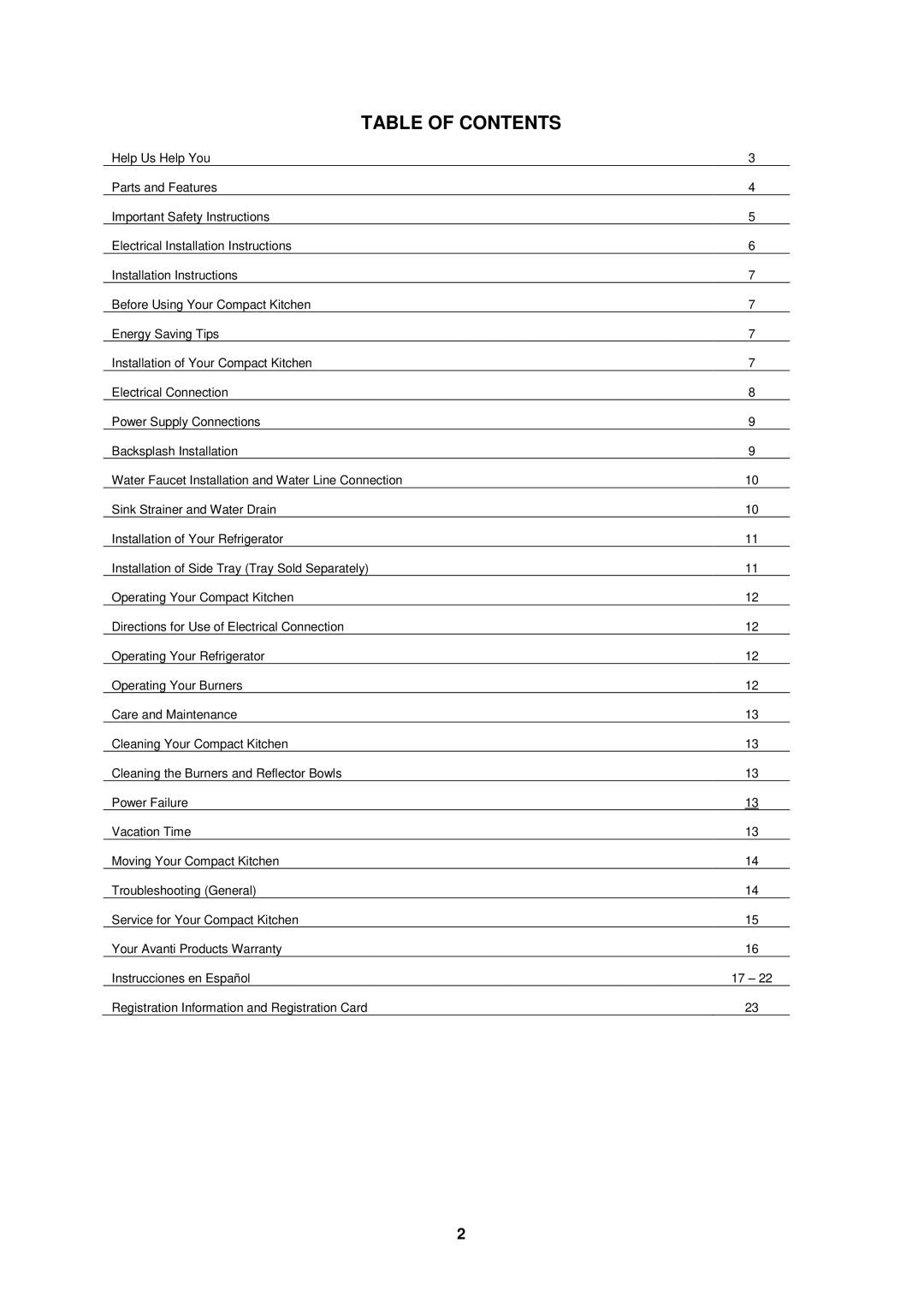 Avanti CK3016 instruction manual Table of Contents 