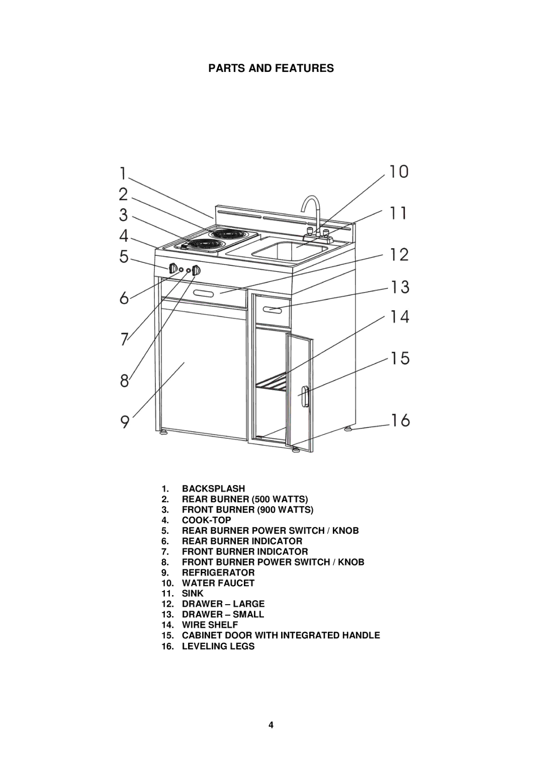 Avanti CK3016 instruction manual Parts and Features, Sink 