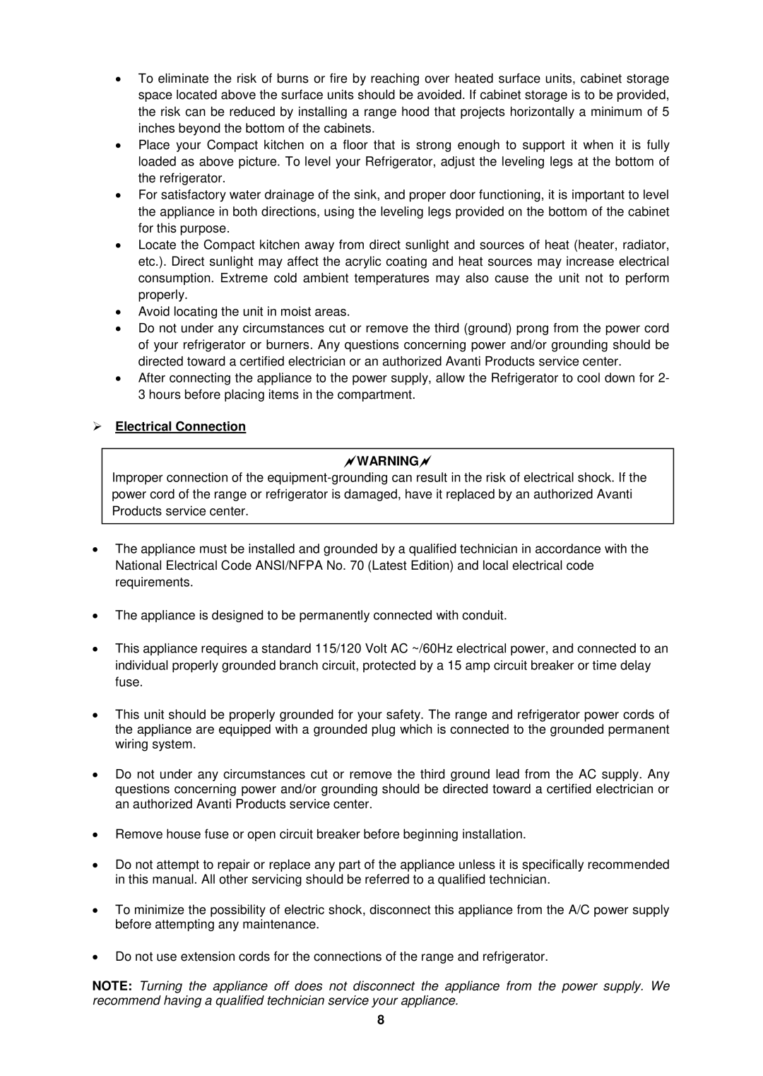 Avanti CK3016 instruction manual  Electrical Connection, Warning 