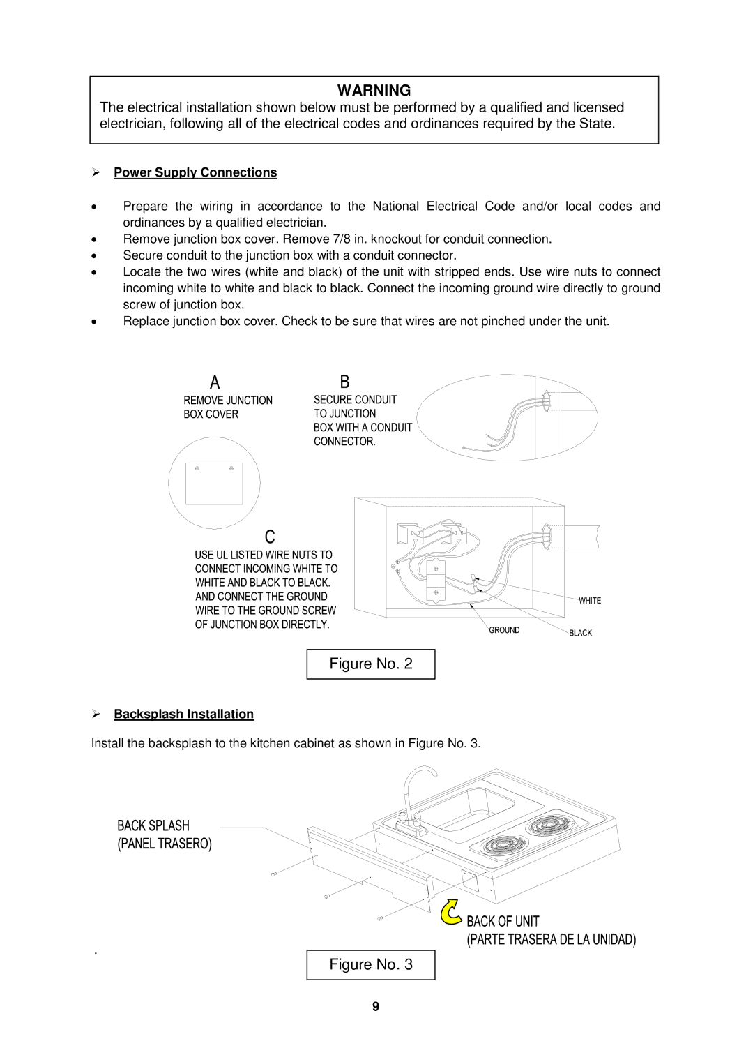 Avanti CK3016 instruction manual  Power Supply Connections,  Backsplash Installation 