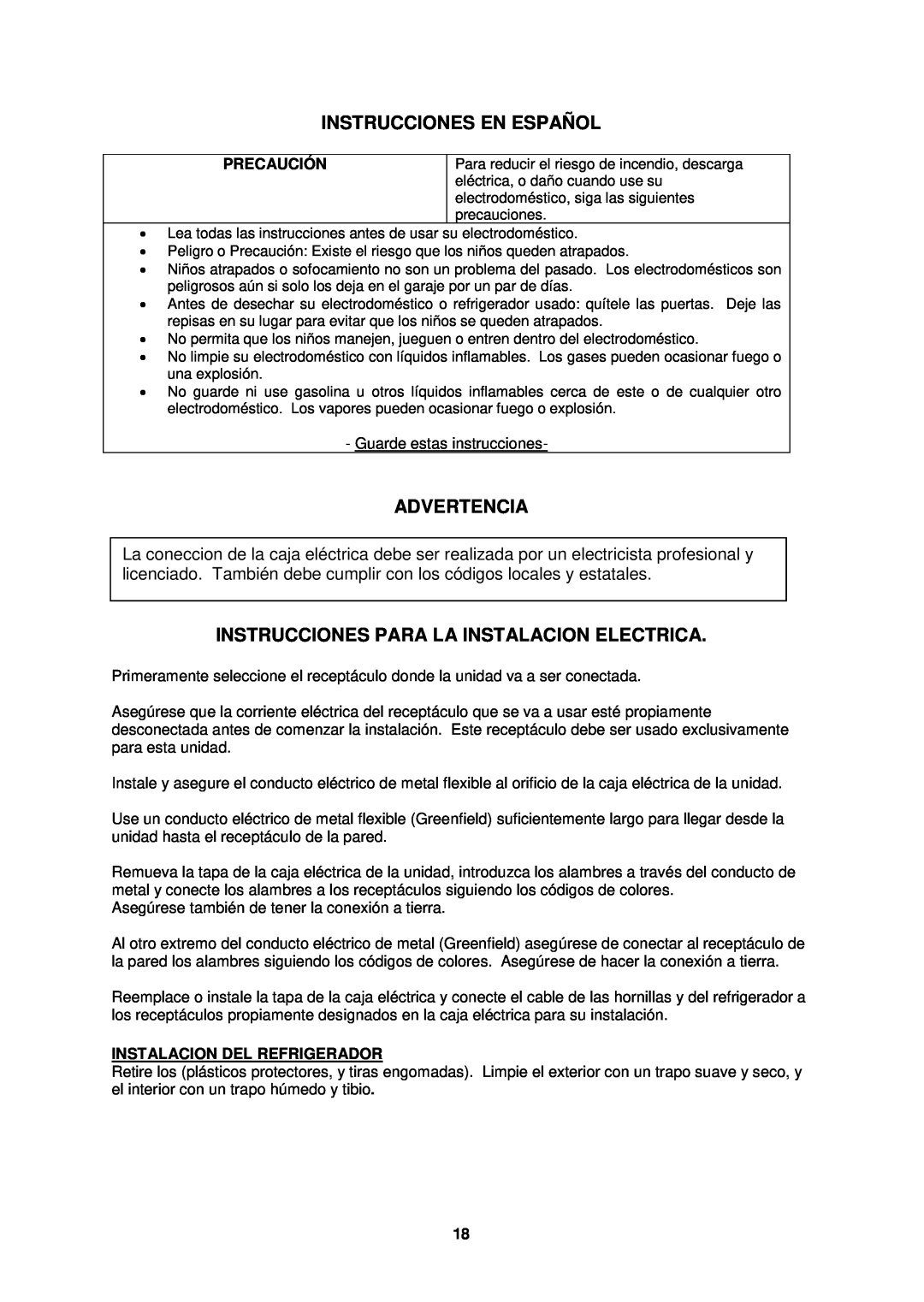 Avanti CK3016 Instrucciones En Español, Advertencia, Instrucciones Para La Instalacion Electrica, Precaución 