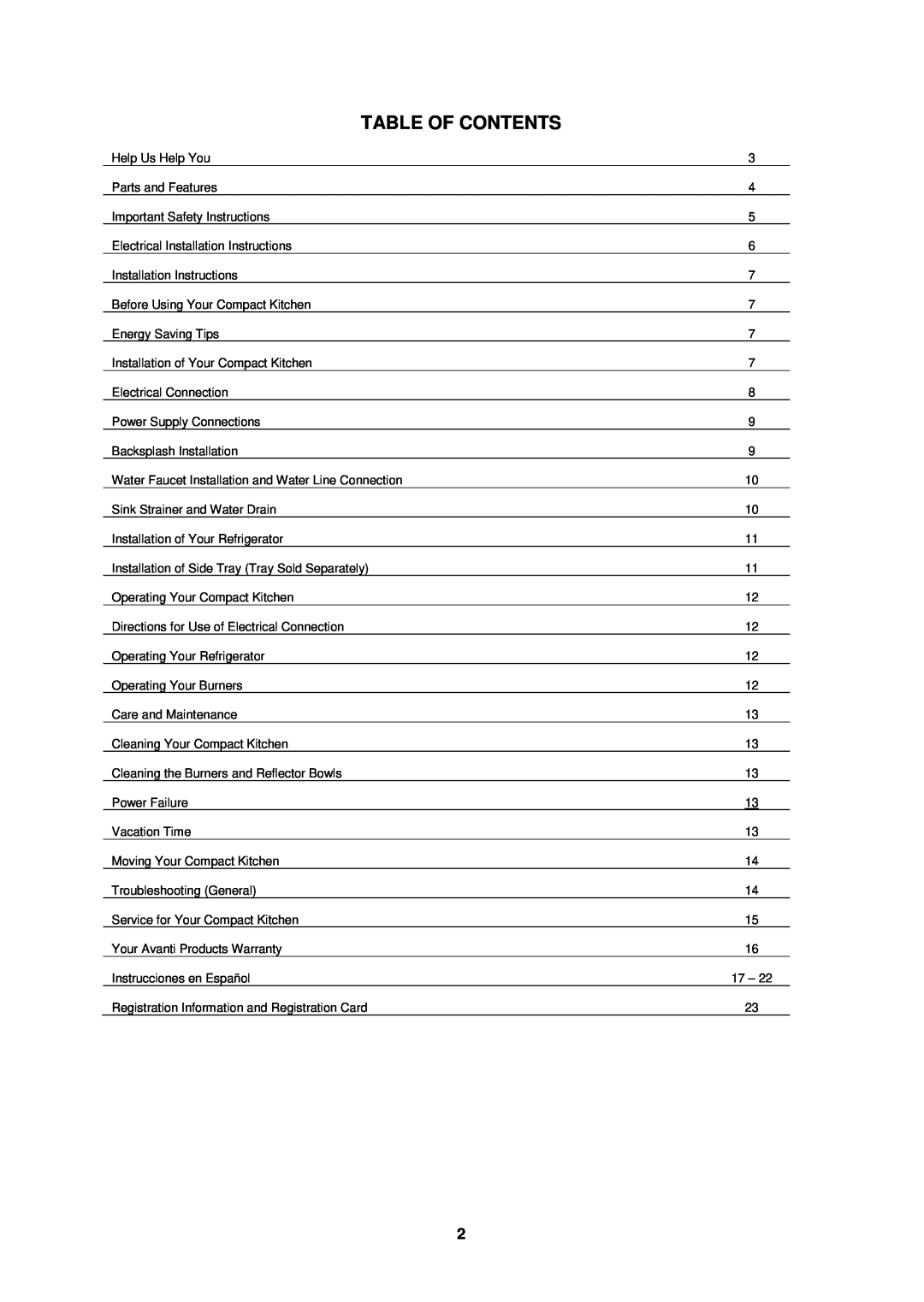 Avanti CK3016 instruction manual Table Of Contents 