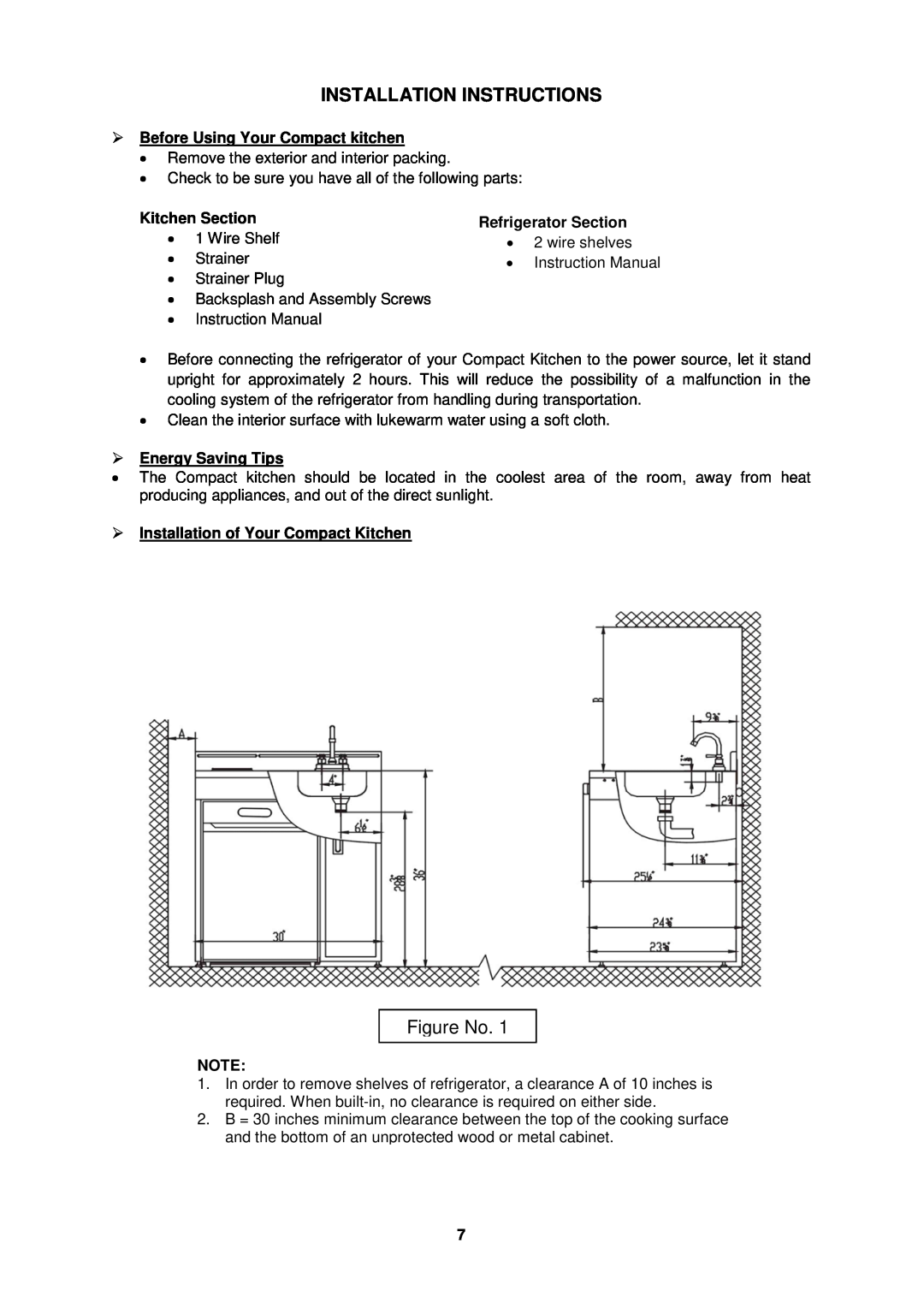 Avanti CK3016 instruction manual Installation Instructions, Figure No, Before Using Your Compact kitchen, Kitchen Section 