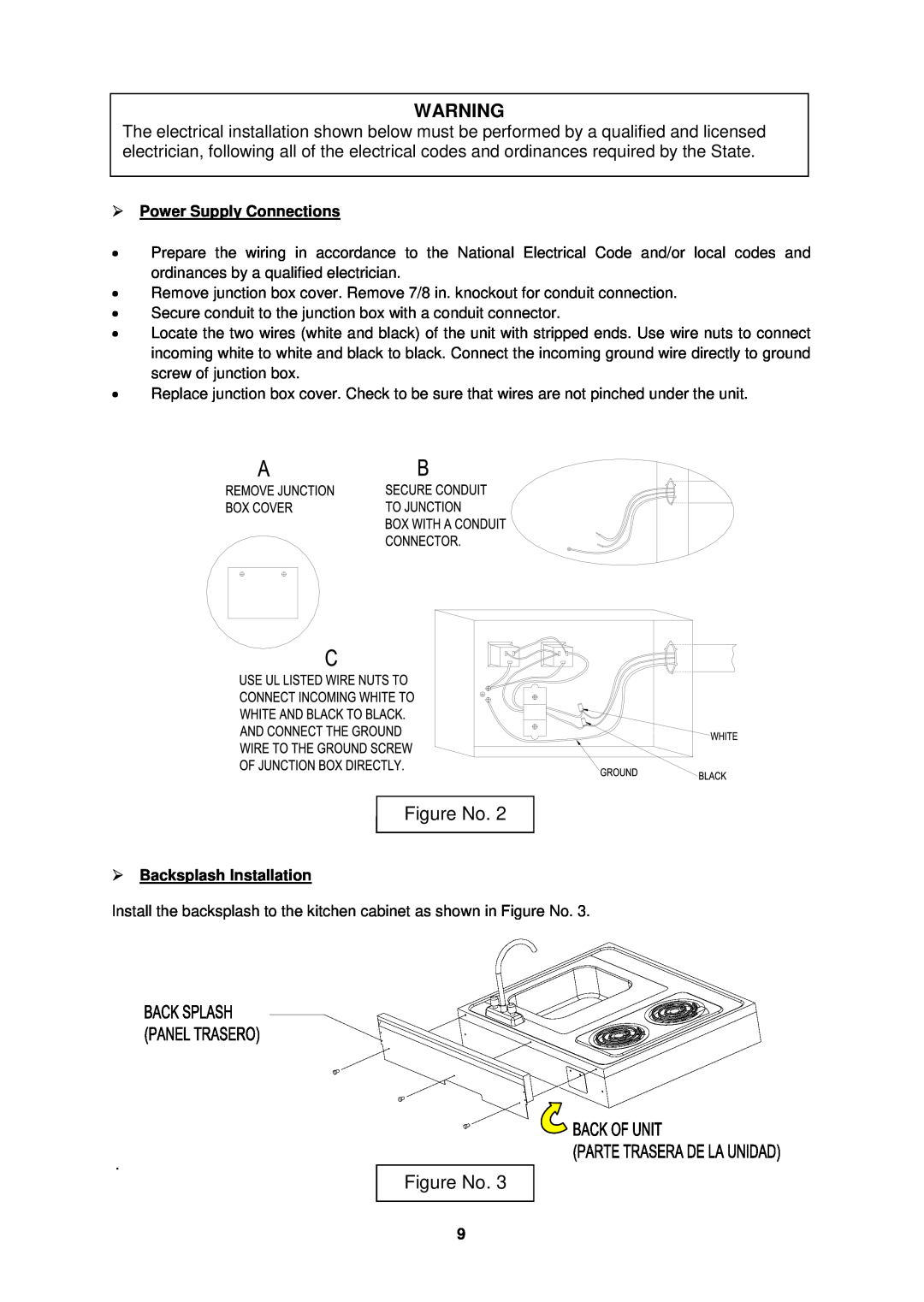 Avanti CK3016 instruction manual Figure No, Power Supply Connections, Backsplash Installation 