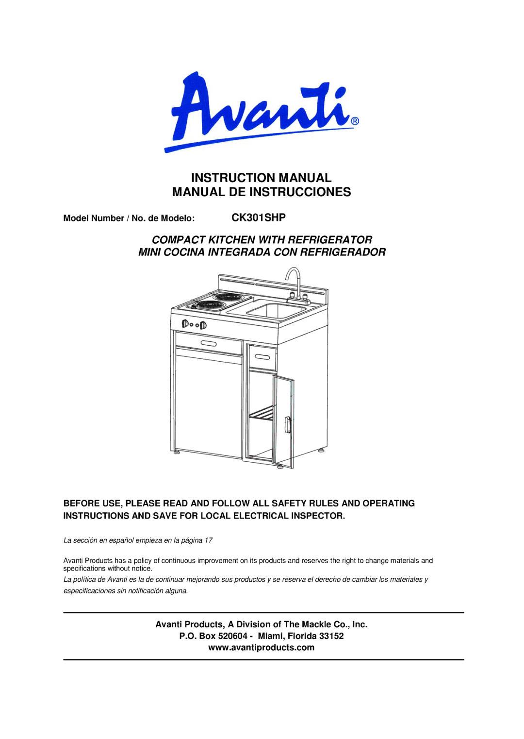 Avanti CK301SHP instruction manual Manual DE Instrucciones, Model Number / No. de Modelo 