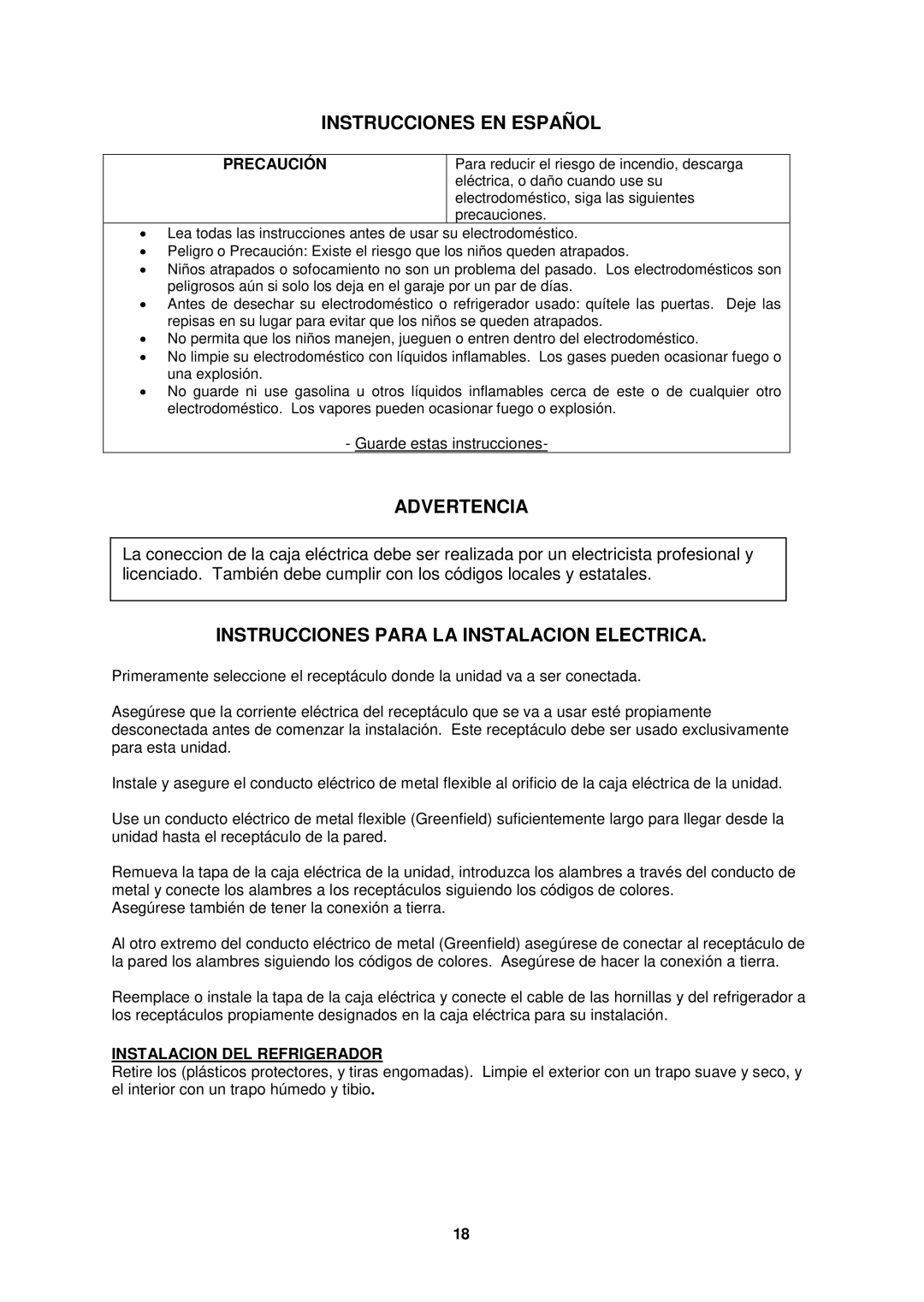 Avanti CK301SHP Instrucciones EN Español, Advertencia, Instrucciones Para LA Instalacion Electrica, Precaución 